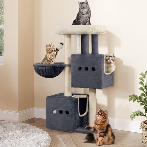 Hzuaneri Kratzbaum, 98 cm Stabil Katzenbaum, Katzenkratzbaum mit Großer Liegefläche, Katzenhöhle, Sisalstämme, Korb, Plüschbälle, Katzenmöbel Spielbaum, Dunkelgrau MS10018SG