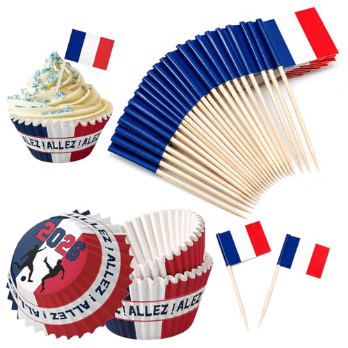HOMAVEL 200er Set Muffinförmchen & Zahnstocher-Fähnchen Frankreich - 100 Cupcake Papierbackförmchen + 100 Party-Picker Flaggen, WM 2026 Fußball Deko für Backen, Fingerfood, Käse & Geburtstag