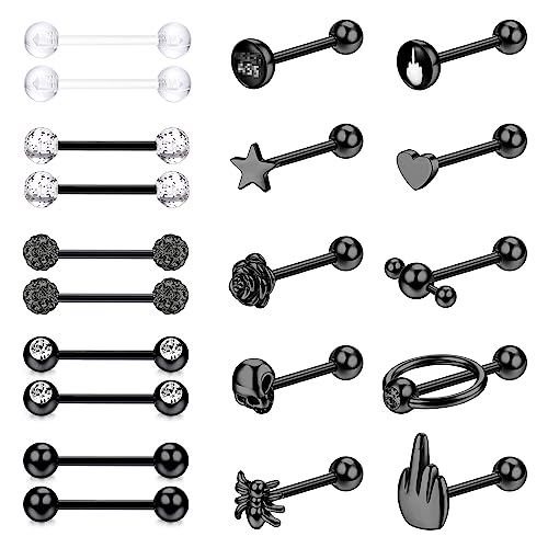 JeweBella 20 Stück 14G Zungenpiercing Set für Damen Herren Chirurgenstahl Nippelpiercing Zungenpiercing Silber/Schwarz Barbell Brustwarzenpiercing Zungenpiercing 16 mm Stablänge