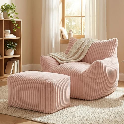 GRAVFORCE Schlafsofa mit Rückenlehne und Fußstütze, XXL Sitzsack Sessel mit Hocker für Erwachsene, Relaxsessel Lazy Sofa, Indoor-Sitzkissen für Schlafzimmer Wohnzimmer, Wintergarten (Rosa)
