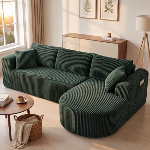 COMHOMA Ecksofa mit Schlaffunktion, 243cm Corduroy Modulares Boneless Couch mit Chaiselongue, L-Form Schlafsofa, Sektionssofas mit Kissen & Seitentaschen,Sofa für Wohnzimmer, Keine Montage, Grün