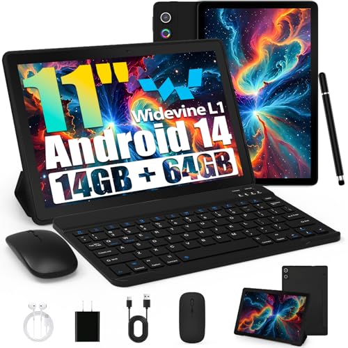 Tablet, Android Tablet 11 Zoll mit 14GB RAM + 64GB ROM (1TB TF), Octa-Core, Widevine L1, WiFi 6 & BT 5.3, 6800mAh Akku, Dual Kamera – Tablet mit Tastatur, Maus, Stift & Hülle