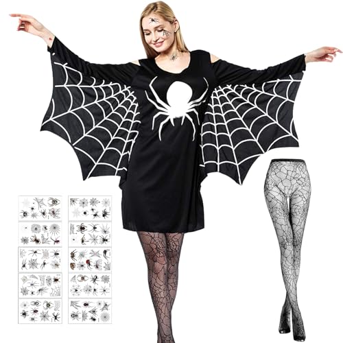Spinnen Kostüm Damen, Halloween Kostüm Damen Spinnen Set, 1 Halloween Spinne Kostüm + 1 Spinnenstrümpfe + 10 Spinnenaufkleber, Spinnenkleid, für Erwachsene Halloween Fasching Karneval Cosplay (M)