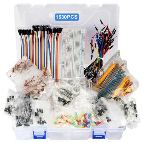 1530 Stück Elektronik Bauteile Kit 9 Arten mit Metallschichtwiderstand,kondensator,Diode,LED Leuchtdioden,Transistor,Dupont Wires,Jumperkabel und Steckbrett, Für UNO R3