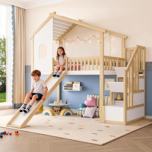LANTRO JS Kinderbett Hochbett 90x200cm, Hochbett mit Treppe und Rutschen, Etagenbett mit Stauraumleiter, Natur und Weiß, 256x221x206cm