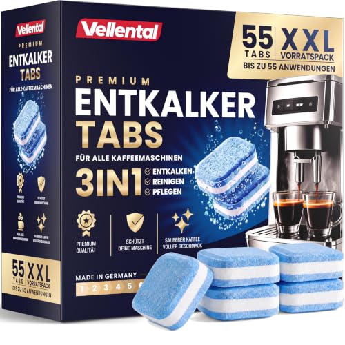3-in-1 Entkalker für Kaffeevollautomaten & Kaffeemaschinen (55 Stück) - Entkalkungstabletten für Siemens EQ-Serie, Delonghi, Jura, Krups, Bosch, Miele, Melitta, Tassimo, WMF