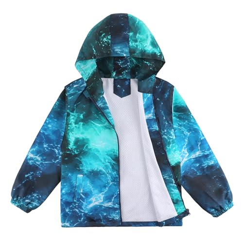 LACOFIA Jungen Wasserdichte Jacke Kinder Wasserabweisend Schule Übergangsjacke mit Kapuze und Gefüttert Leichte Outdoor Regenjacke für Kinder Blaue Welle 122/128 (Etikett 8)