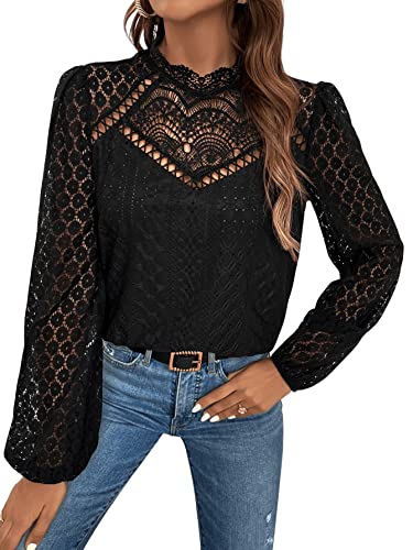 GORGLITTER Damen Elegant Blusen Stehkragen Oberteiel Hemdbluse Langarm Spitzen Tunika Bluse mit Laternenärmeln Schwarz S