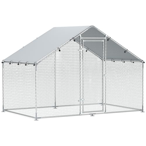 PawHut Hühnerstall 5,1 m² 3 x 1,7 x 1,9 m Freilaufgehege mit UV-beständigem wasserdichtem Tuch, Sicherheitsschloss, Tür, Hühnergehege für 5-8 Hühner, Stahl, Silber