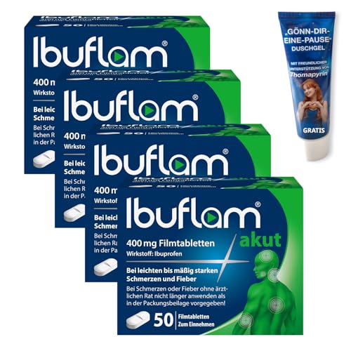 Ibuflam® akut 400 mg Schmerztabletten bei Schmerzen und Fieber | 4x50 Stück Filmtabletten + Duschgel ON TOP | Schnelle Schmerzlinderung und Fiebersenkung mit Ibuprofen | Ibu 400 mg