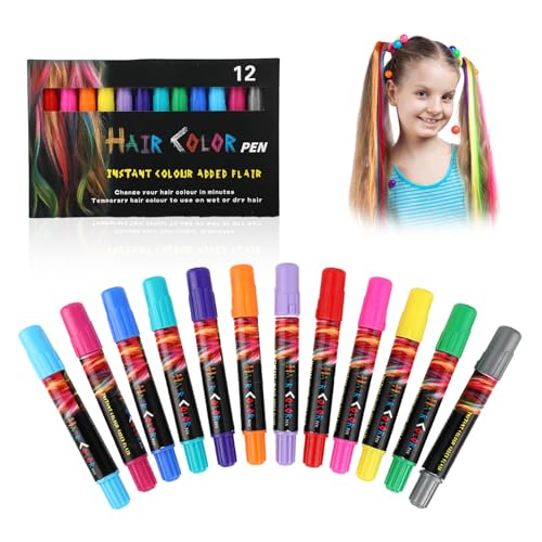 Haarkreide für Mädchen und Kinder - 12 Auswaschbare & Ungiftige Farben, Ideal für Karneval, Fasching mit Rot - Temporäres Haarspray & Kreative Haarfarbe