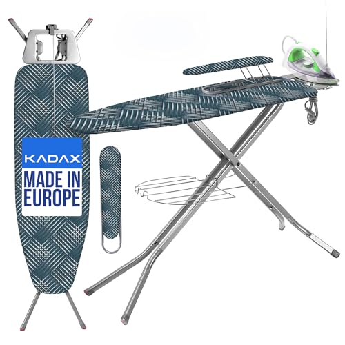 KADAX Bügelbrett mit Ärmelbrett, 120x30cm & 49x11cm Bügelfläche, höhenverstellbar, Dampfbügeltisch mit Kabelhalter, Ablage & rutschfesten Füßen, robuster Bügeltisch Made in EU (Grün)