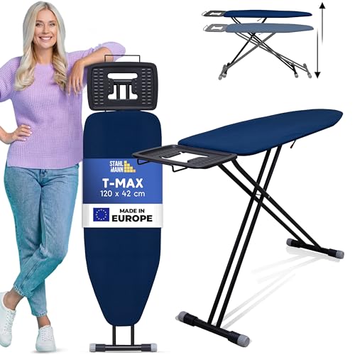 STAHLMANN ® großes Bügelbrett [120x42 Bügelfläche] mit Kleidungsplatte – robuster Bügeltisch – extra stabiles Bügelbrett [Made IN Europe] – Tischbügelbrett