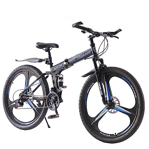 LSLIFE 27.5 Zoll Faltbares Mountainbike Doppelfederung Hardtail Fahrrad Männer Frauen Mountainbike 21 Geschwindigkeit Antrieb Leichtgewicht Rahmen Sport Radrad für Erwachsene (Blau)