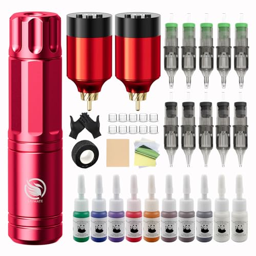 LIUMATE Drahtloser Pen Maschine Set mit 2 Stück 1500mAh Batterie 10 Stück Nadel 10 Tinten Komplette Zubehörteile für Anfänger