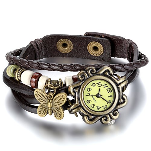 JewelryWe Damen Armbanduhr, Retro Vintage Analog Quarz Uhr mit Schmetterling Beads Kugeln Charm Leder Armkette Armband, Kaffee