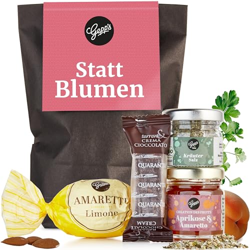 Gepp’s Feinkost Wundertüte Statt Blumen I Geschenkbox als Dankeschön, Geburtstag Mitbringsel für Kollegen I Kleines Geschenkset mit Kräutersalz, Konfitüre, Pralinen I Geschenkidee zu Weihnachten