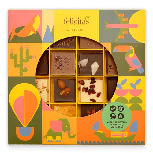 Felicitas Weltreise Schokolade Vegan 200g – 43 Mini Tafeln – 20 Sorten aus aller Welt – Belgische Schokolade Box – Glutenfrei & alkoholfrei – Süßigkeiten Box zum Geburtstag, Ostern, Weihnachten