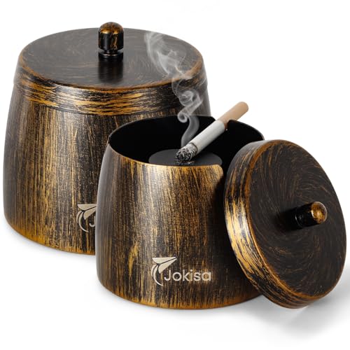 Aschenbecher für Draussen 2er Set, Edelstahl Retro Aschenbecher mit Deckel für Innenbereich & Outdoor, Windaschenbecher mit Rutschfestem Unterseite für Garten Bar und Balkon - L