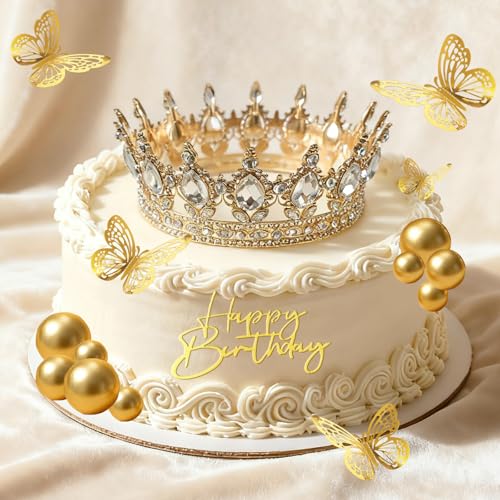 FQIQIANLIC 37Stk Tortendeko Krone zum Geburtstag für Mädchen als Prinzessin Krone - Kuchen Deko für Taufe mit Goldene Torten Deko Kugeln - Cake Decoration Gold - Für Geburtstage, Feste, Taufen, etc.