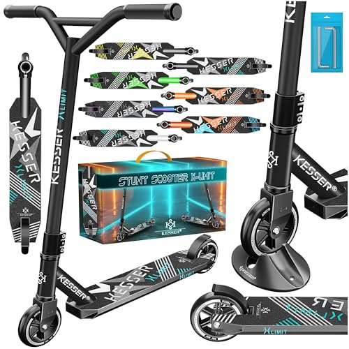 KESSER® Stunt Scooter X-Limit - 360° Lenkung Robuster Funscooter Stuntscooter mit ABEC 9 Kugellagern, 100 mm PU Räder, Kickscooter Tretroller Cityroller Trick Roller für Kinder Erwachsene, Schwarz