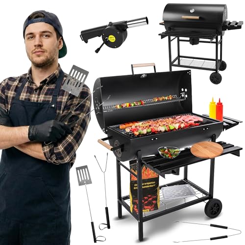 Five-Star Grill&Chill Holzkohlegrill mit Deckel – Großer Grillwagen mit Chromrost 71×35 cm & Thermometer – Für Garten & Terrasse – Aschekasten, Lüftungsöffnungen, 2 Räder