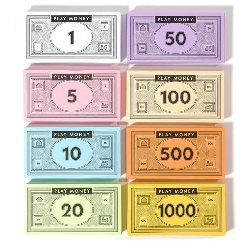 Opoly Spielgeld - 520 Stück Geld für Brettspiele - 65 Stück von jeder Rechnung in 8 Stückelungen – 1, 5, 10, 20, 50, 100, 500, & 1000 € - Papiergeld für Rollenspielkassierer (Englische Version)