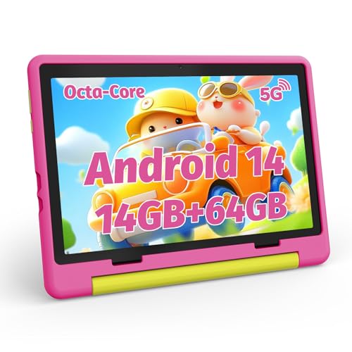MUISOO 10 Zoll Kinder Tablet, Android 14 Tablet für Kinder, Octa Core Prozessor,1280x800 HD-Display, 5000 mAh Batterie, 14GB+64GB+1TB TF, WiFi 6, BT5.0,5MP+8MP Dual-Kamera Android Tablets, Pink