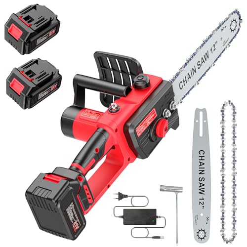 Brushless Kettensäge mit Akku 3000mAh * 2, 12 Zoll Akku Kettensäge Elektro, Einhand Mini Kettensäges Elektrische mit Automatischer Öler, für Gartenscheren Astschere Holzschneidenz (S)