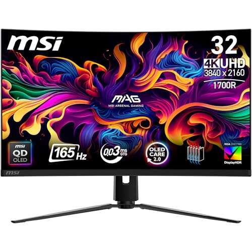 MSI MAG 321CUPDE QD-OLED 32 Zoll UHD Curved Gaming Monitor - 1700R, 3840 x 2160 Quantum Dot OLED Panel, 165Hz / 0,03ms, 99% DCI-P3, Delta E≤2, DisplayHDR True Black 400, DP 1. 4a, HDMI 2.1, USB Type-C