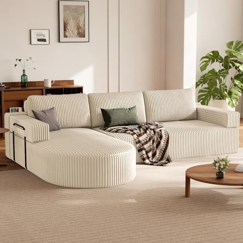 HOMRELEXA Ecksofa mit Schlaffunktion, Cord Schlafsofa L Form, Boneless Couch, Wohnlandschaft Schlafcouch mit 75cm Sitzfläche, Modulares Sofa Bed Sofabett mit Abgerundeter Chaise Longue, Beige