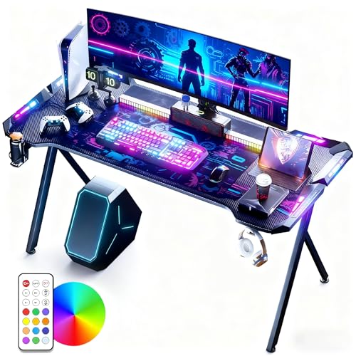 LZQ Gaming Tisch mit RGB LED 120x60 cm, Gaming Schreibtisch Ergonomischer Gamer PC Tisch mit Kohlefaser-Oberfläche, Spieltisch RGB Computertisch mit Fernbedienung & Kopfhörerhaken, Schwarz
