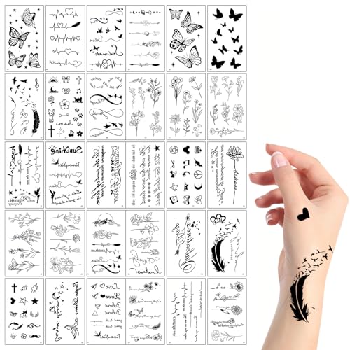 Tattoo Aufkleber, 30 Blätter 150+ Stück Fake Tattoos, Temporäre Tattoos, Erwachsene und Kinder 3D Wasserdicht Tattoosticker, Enthält Schmetterlinge, Blumen, Liebe, Männer und Frauen anwendbar
