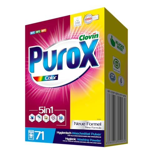 PUROX COLOR Waschpulver im Karton (71 Waschladungen) – Waschmittel für farbige Textilien, entfernt Flecken, umweltfreundlich, schutz vor Kalkablagerungen, 5 kg