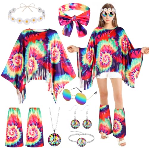 AOOWU Damen Hippie Kostüm, 10 Stück Vintage Stil 60er 70er Jahre Hippie Zubehör mit Brille Stirnband Jahre mit Abdeckungen Karneval Kostüm Halloween