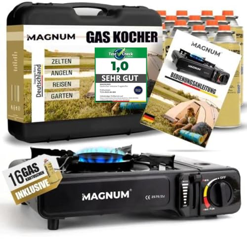 Magnum® Gaskocher [inkl. 16x Gaskartuschen] – Campingkocher [Notfall Ausrüstung ] – Gaskocher mit Kartusche - Campingkocher mit Gaskartusche (16 Kartuschen)