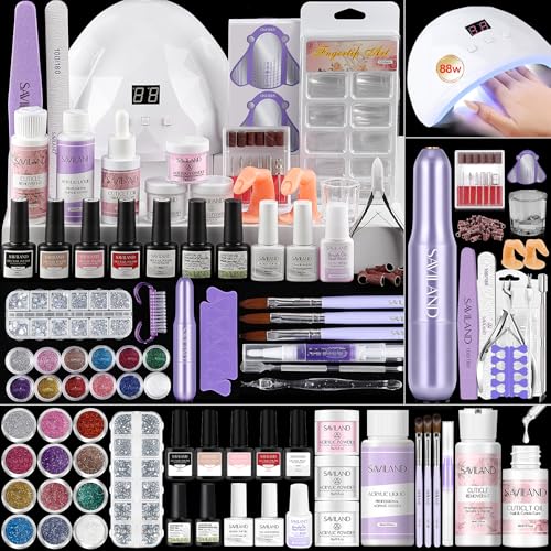 SAVILAND Ultra Acryl Nagel Kit mit Bohrer: All-In-1 Nagel Kits mit allem 3 PCS Acryl Pulver 50 ML EMA Monomer 5 Farbe Gel Nagellack U V Lampe Nagelhaut Entferner Praxis Finger Zuhause DIY Starter