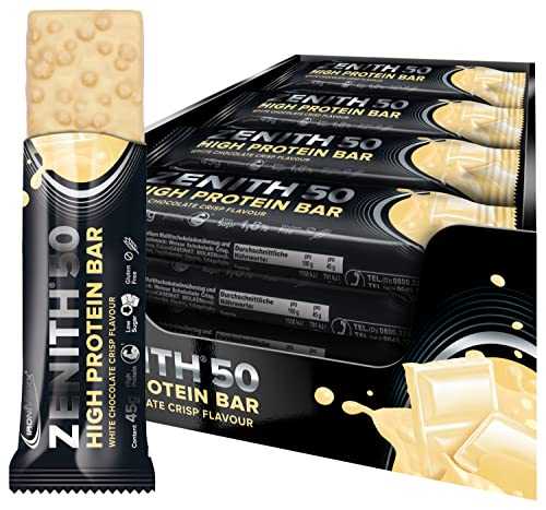 IronMaxx Zenith 50 High Protein Bar - Weiße Schokolade Crisp 16 x 45g | Eiweißriegel mit 50% Proteingehalt | low carb, low sugar mit wichtigen Aminosäuren