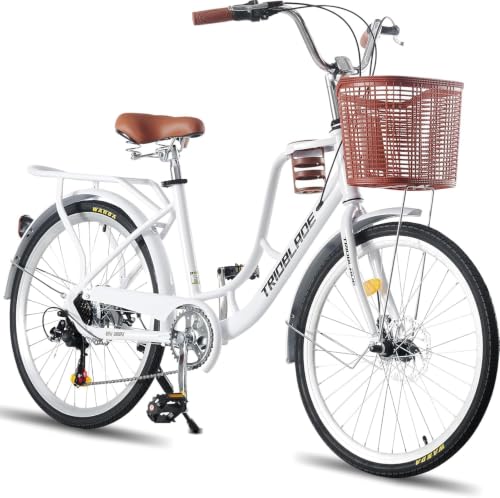LSLIFE Damen Fahrrad mit Korb 24/26in 7 Geschwindigkeit Stadt Fahrrad Frauen Mädchen Komfort Fahrrad Leichter Rahmen Hybrid ScheibenbremsenLeichtes Pendlerrad Retro Fahrrad Urban Bike (Zoll, 24, Weiß)