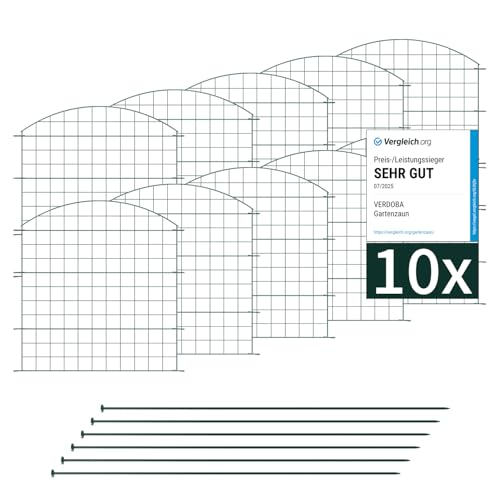 VERDOBA Teichzaun Gartenzaun Komplettset - Metall 10 Zaunelemente - Zaun für den Garten, Gitterzaun Set Oberbogen - für Hunde (10x Oberbogen, Grün - RAL 6005)