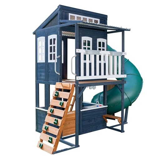 KidKraft Cozy Escape Zweigeschossiges Kinderspielhaus Outdoor Holz, Stelzenhaus Kinder mit Röhrenrutsche, Kletterwand, Spielküche und Dachterrasse, Gartenhaus Kinder für 3 bis 10 Jahre, Marineblau