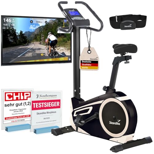 skandika Ergometer Morpheus, Fitnessbike, Heimtrainer mit Bluetooth, Pulsgurt, 32 einstellbare Widerstandseinstellung und Multifunktionscomputer mit Kalorienverbrauch, Puls