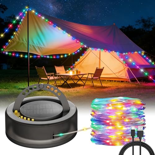 HOMECHOOSE Solar Camping Laterne mit Lichterkette & Powerbank - 10m 100 LED, 5200mAh Akku, 3-in-1-Licht, USB-Telefonladung, für Außen (RGB)