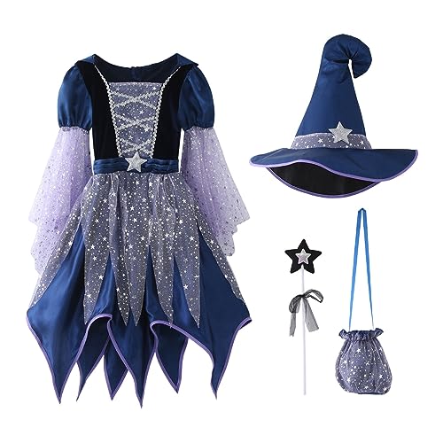PINTUTU Halloween Kostüm Kinder Hexe Mädchen Set Hexenkostüm Kind Hexenkleid mit hexenhut Tasche Kleid Zauberstab Cosplay Elegant Witch Costume für Halloween Fasching Festival Outfit