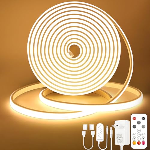 Lamomo COB LED Streifen 10M, Warmweiss Dimmbar Neon Led Leiste, Wasserdicht 3000K Led Strip mit Fernbedienung, 10mm Breit, Silikon Flexibel Band für Schlafzimmer Innen Außen Küche Deko, CRI90+
