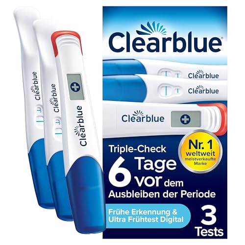 Clearblue Schwangerschaftstest Triple-Check Ultra Früh Kombipack, Ergebnisse 6 Tage Früher (10m IU/ml), Mit Keinem Anderen Test Können Sie Früher Testen, 3 Teststäbchen (1 Digital, 2 Visuell)