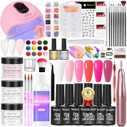 Major Dijit Acryl-Nagel-Set mit Nagelfräse – Komplettes Starter-Set für Anfänger | Weiß & Pink & Klar Acrylpuder, 6 Gel-Lacke, UV-LED-Lampe, Nail-Art-Dekorationen & Profi-Werkzeuge