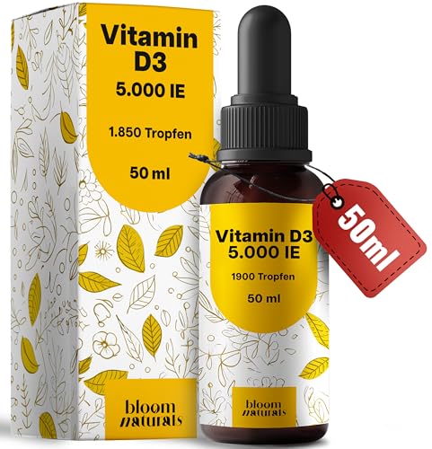 Vitamin D3 Tropfen Hochdosiert 5000 IE - 1900 Tropfen - 50ml - Geschmacksneutral - Laborgeprüft & produziert in Deutschland - Verpackung kann variieren