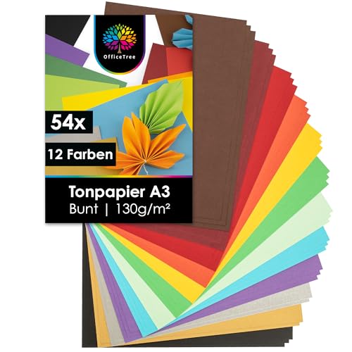 OfficeTree 54 x Tonpapier A3 Bunt - 12 Farben - inkl. 2 Gold- und 2 Silberbögen - Buntes Bastelpapier 130g/m² - Tonkarton zum Basteln und Gestalten
