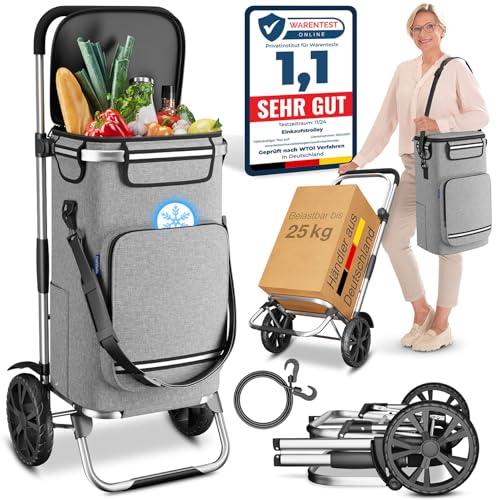 ELONEO Einkaufstrolley klappbar, Einkaufswagen mit Kühlfach, 3in1 Trolley, Sackkarre & Umhängetasche, Einkaufsrollwagen, Shopping Trolley 43L Kapazität & Spanngurt, Hackenporsche, Silbergrau
